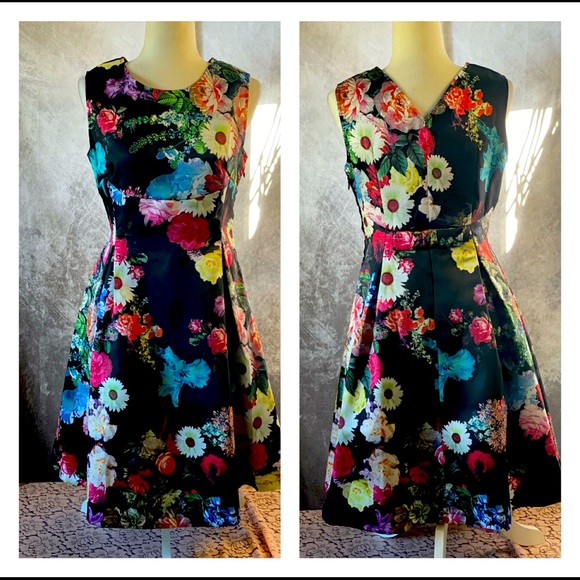 Jolie Moi dark flower patterned fit and flair dress - Picture 1 of 5